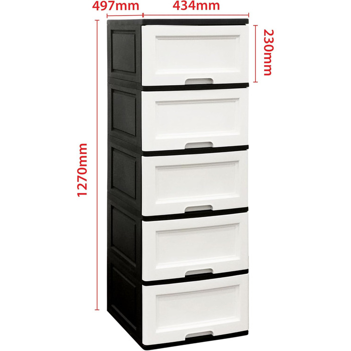 Комод 44x50x127 см з 5 великими шухлядами XXL по 40 л, фасади в яскравих кольорах, сучасний дизайн, з екологічного переробленого пластику PP (чорний/білий, сосна)