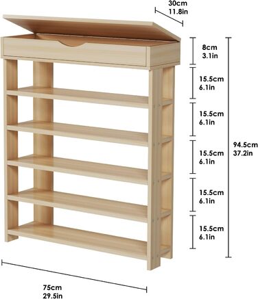Soges 5-рівнева полиця для взуття з дерева, 75x30x94,5 см, білий клен, взуттєва шафа для вітальні, коридору, передпокою