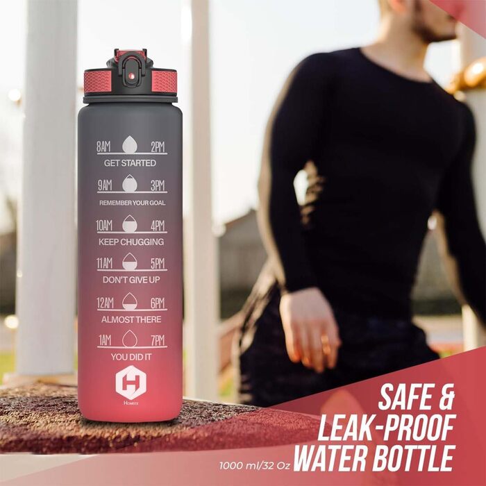 Пляшка для води 1 л BPA Free із соломинкою та часовими мітками, для велосипеда, спорту, школи та активного відпочинку, підходить для газованих напоїв, сіра та червона