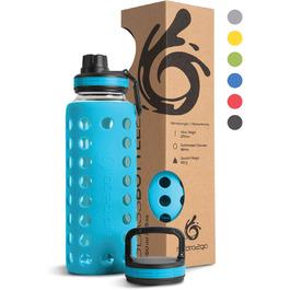 Скляна пляшка для води з силіконовим чохлом, 950 мл, герметична, BPA-free, для спорту, йоги, офісу, з 2 змінними кришками, Coral Blue