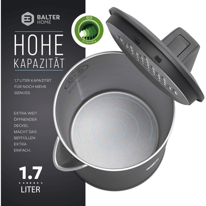 Електрочайник Balter WK-4 1,7 л, нержавіюча сталь, подвійні стінки, BPA Free, LED підсвітка, тихий, для чаю, компактний (чорний/сірий)