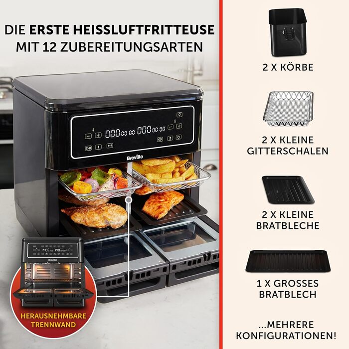 Фритюрниця з гарячим повітрям Breville Halo Flexi 11 л, цифрова, подвійна камера, 2400 Вт, для смаження, запікання, грилю, розігріву, на 10+ осіб