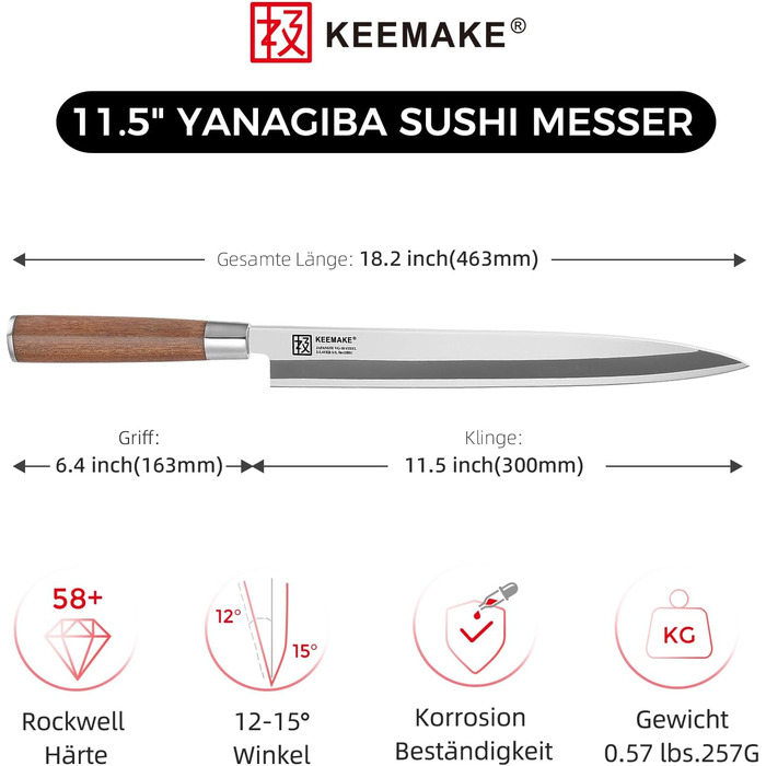 KEEMAKE Філейний ніж для риби та суші 30 см, японський Sashimi ніж з VG10 нержавіючої сталі, ручка з рожевого дерева