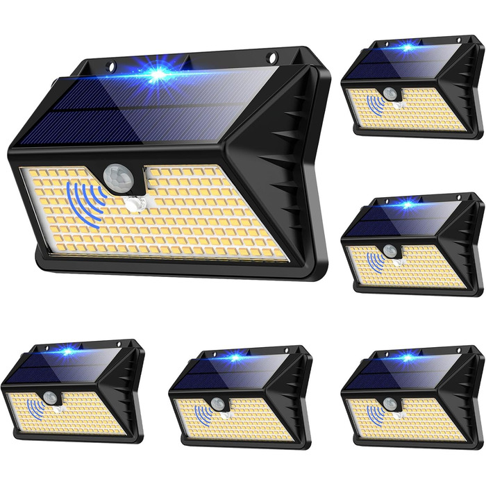 Сонячні LED лампи для вулиці з датчиком руху, 185 LED, 3 режими, IP65, водонепроникні, настінні світильники для саду, двору, гаража, вхідних дверей (холодне/тепле біле світло, 6 штук)