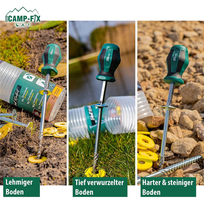 PARCO Camp-FIX Набір універсальних гвинтових кілків для намету, 16 шт, різні розміри, пластикові шайби, викрутка – аксесуари для кемпінгу