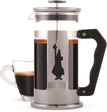 Френч-прес Bialetti Preziosa, 600 мл, нержавіюча сталь і боросилікатне скло, для кави та чаю, сріблястий, 1 л, 8 чашок, можна мити в посудомийній машині