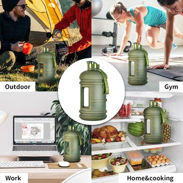 Спортивна пляшка для води TOOFEEL 2,2 л, BPA Free, багаторазова, з мірною шкалою, матова оливкова, для спортзалу