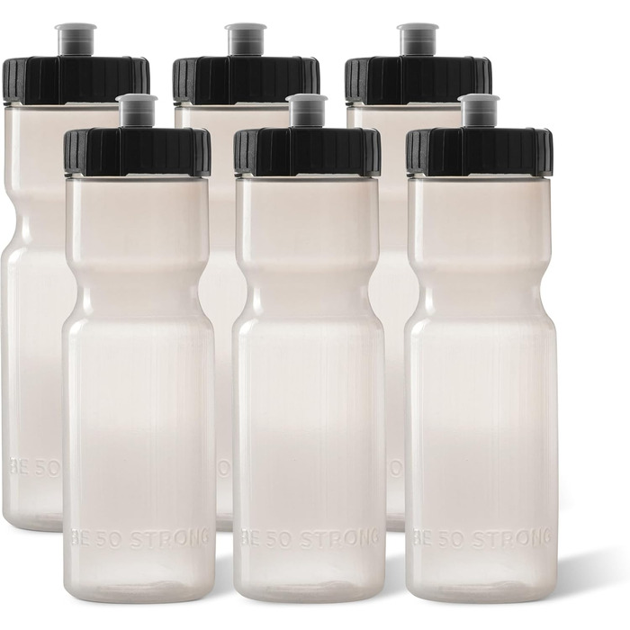 Спортивні пляшки для води 50 Strong, набір 6 шт, 650 мл, BPA Free, легка кришка Push/Pull, прозорі, різні кольори