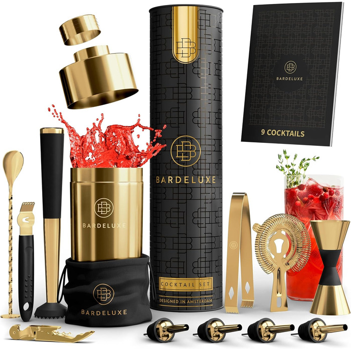 BarDeluxe® набір для коктейлів 12 предметів, набір бармена, міксер для коктейлів | шейкер 750 мл з нержавіючої сталі, подарунковий набір для коктейлів (глибоке золото)