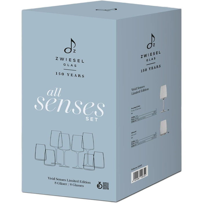 Набір склянок Zwiesel Glas Vivid Senses, 8 предметів: келихи для вина 535 мл та універсальні склянки 500 мл, лімітована серія у подарунковій коробці, для вина і води, можна мити в посудомийній машині