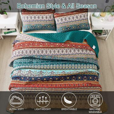 Покривало WONGS BEDDING Boho 220x240 см, стьобане, мікрофібра, комплект 3 в 1 (2 наволочки 50x70), для двоспального ліжка та дивана, бежево-зелене, для спальні