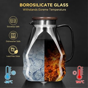 Скляний графин ecooe 1.8 л з кришкою для води, соків, молока, чаю, кави, для холодильника, термостійкий, чорний