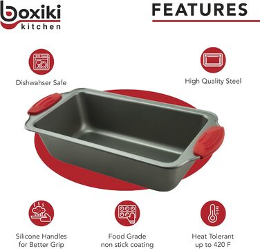 Форма для випікання кексів Boxiki Kitchen, антипригарна сталева, з силіконовими ручками, 21.5 x 11.5 см, для бананового хліба та кексів