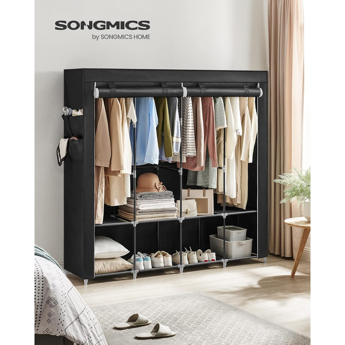 Тканинна шафа SONGMICS 45x170x167 см з 4 полицями, відділеннями для підвішування, 4 бічними кишенями, містка, для спальні та вітальні, чорна