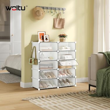 WOLTU набір коробок для взуття, білий, 10 шт., для 20 пар, з дверцятами і гачками, штабельовані, 40x30x170 см