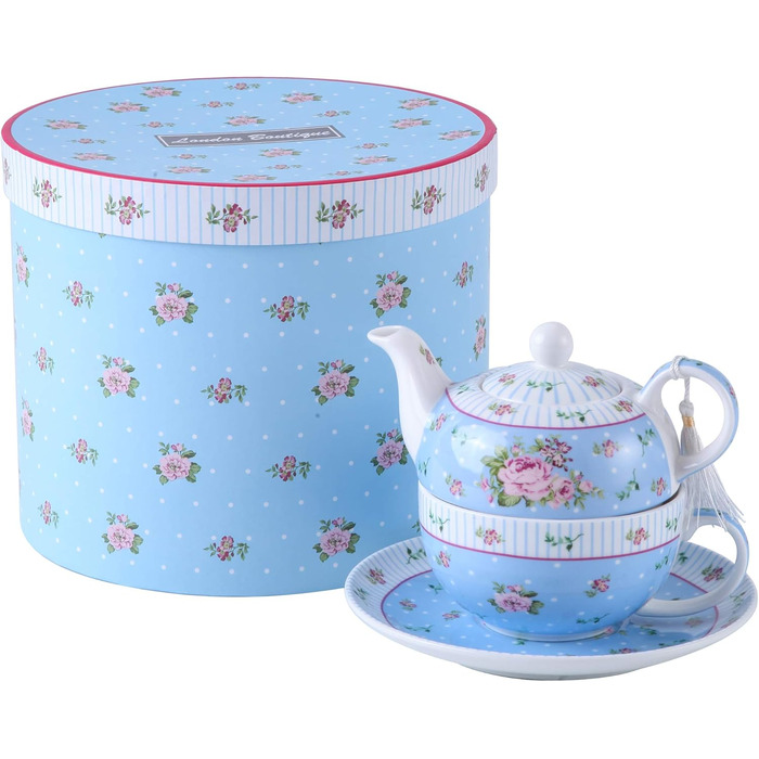 Порцеляновий чайник і чашка London Boutique Vintage Victoria, у подарунковій коробці, кераміка, 15x15 см, синій