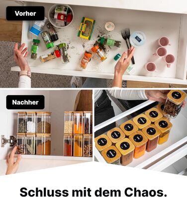 Набір скляних баночок для спецій Deco Haus з дерев'яними кришками, 12 шт, 280 мл, з етикетками — герметичні контейнери для зберігання спецій та приправ