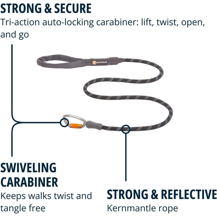 RUFFWEAR Knot-a-Leash — світловідбивний повідок для собак із мотузки з карабіном, 1,5 м, 7 мм, чорний