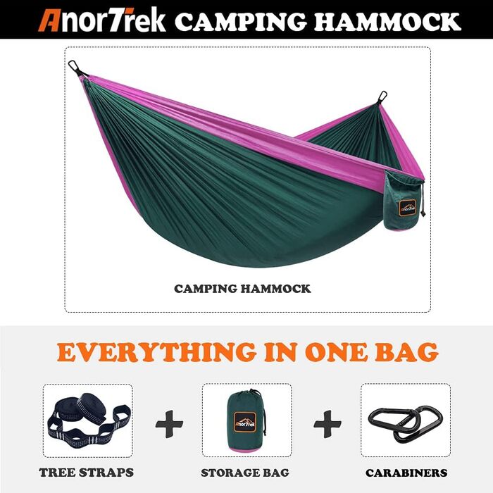 Кемпінгова нейлонова гамак AnorTrek 300x200 см, суперлегкий, портативний, з двома ременями для дерев, для одного або двох, синій та темно-синій