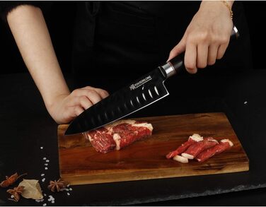 Кухонний ніж Santoku YOUSUNLONG 18 см з японської сталі AUS8, чорне титанове покриття, рукоятка з ебенового дерева