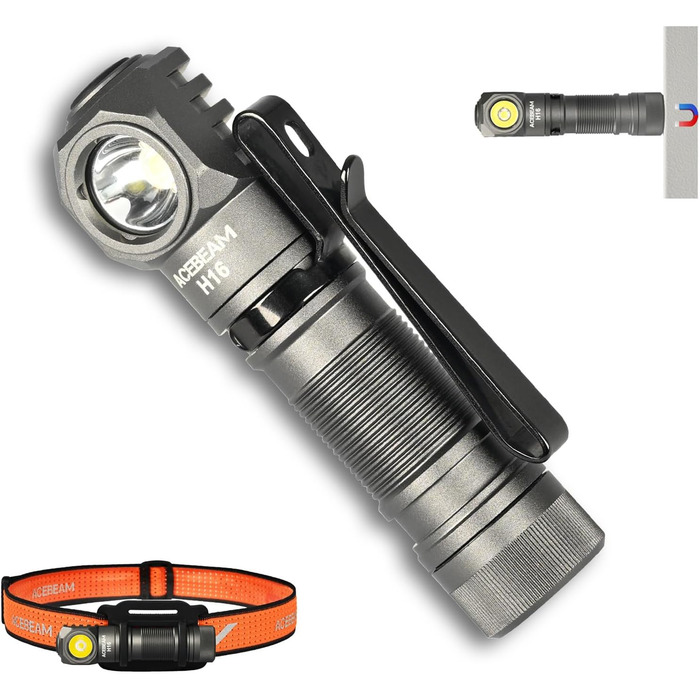 Ліхтар налобний ACEBEAM H16 650 Люмен, акумуляторний, LED, компактний, для EDC, AA, з високим CRI 90+, нейтральний білий 5000K, сірий, з комплектом налобного кріплення