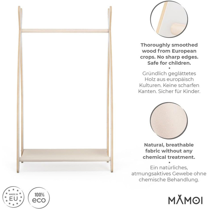 Дитяча вішалка MAMOI для одягу, екологічна, біло-бежева, 106x95x32 см, 1 модуль, для дитячої кімнати, з полиці, виготовлено в ЄС