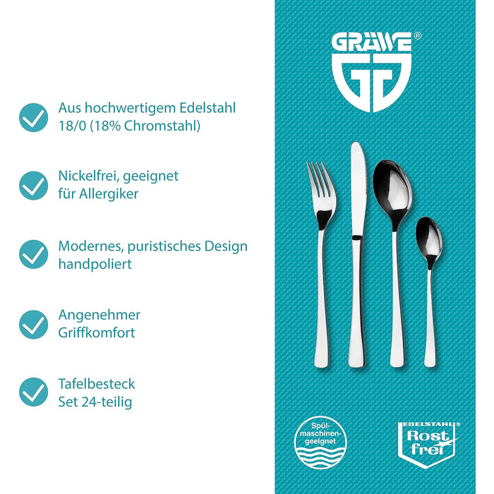 Набір столових приборів GRÄWE Würzburg для 6 осіб, 24 предмети, нержавіюча сталь, без нікелю, полірування вручну, можна мити в посудомийній машині