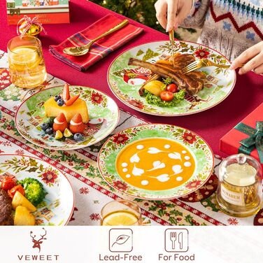 Набір різдвяного посуду VEWEET XMAS, 18 предметів, порцеляна, для 6 персон — тарілки з малюнком Санти та оленів
