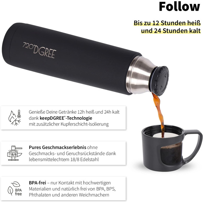 Термос 720°DGREE Follow 1 л з чашкою, нержавіюча сталь, герметичний, BPA-free, зберігає тепло 12 годин, холод 24 години, для кави, чаю, роботи, школи, подорожей