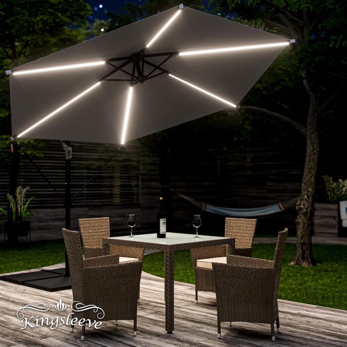 Сонячна парасолька Kingsleeve з LED підсвічуванням, UV 80+, сонячна батарея, чохол, 350 см, з кривошипом для балкона та тераси