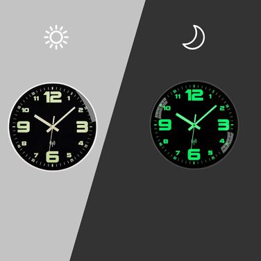 ACCSHINE світиться настінний годинник, безшумний кварцовий годинник 25 см, сучасний дизайн, батарейковий, велика цифро-буквена шкала, для дому, кухні, спальні, офісу, школи