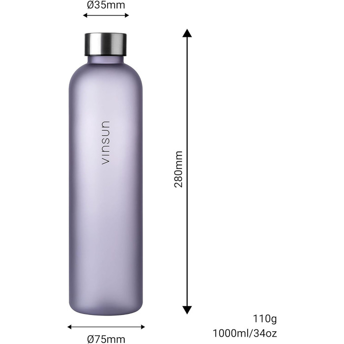 Спортивна пляшка для води VINSUN 1000 мл, тритан, без BPA, для газованої води, герметична, легка, для спорту, школи, офісу, велосипеда, фіолетова