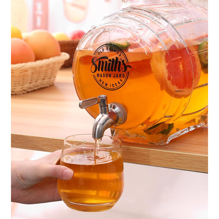 Диспенсер для води Smiths Mason Jars 5 л зі сталевим краном і скляною кришкою — для холодильника, для напоїв, інфузованої води та соків, металевий кран, компактний дизайн