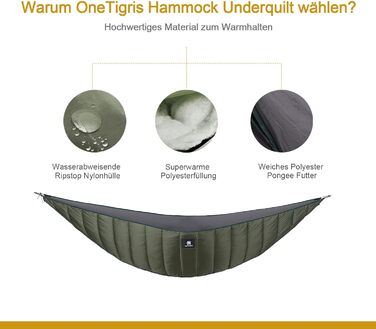 Утеплювач для гамаку OneTigris Hideout, ультралегкий підвісний підматрац 280x120 см, армійсько-зелений, для кемпінгу, туризму та походів