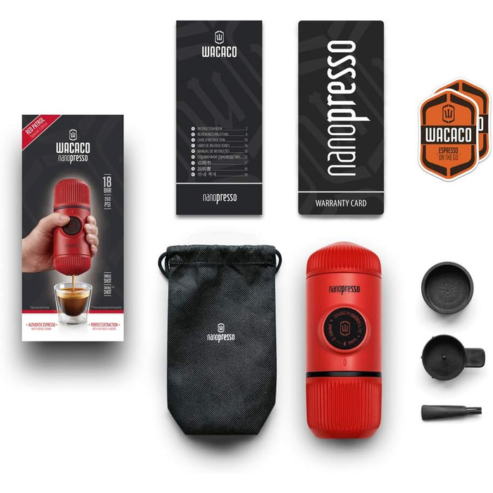 Портативна кавоварка WACACO Nanopresso, 18 бар, ручна, для подорожей, кемпінгу та походів, оновлена версія Minipresso, червона