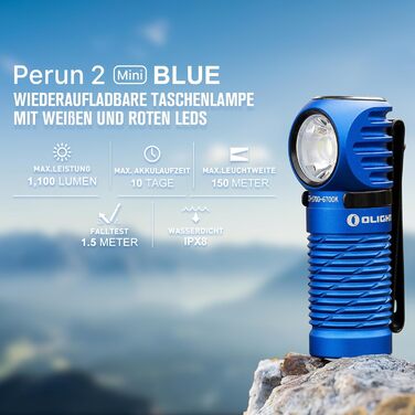 Ліхтар налобний OLIGHT Perun 2 Mini, 1100 люмен, 150 м, USB-зарядка, червоне світло, 5 режимів, водонепроникний, для кемпінгу, екстрених ситуацій, синій, холодне біле світло