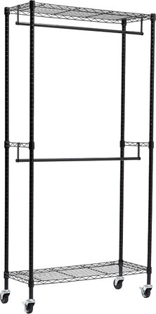 Вішалка для одягу Amazon Basics з верхніми та нижніми полицями, 91x45,6x180,2 см, чорна, дворядна