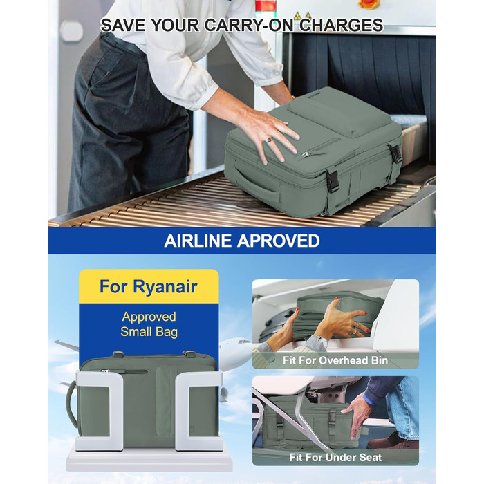 Рюкзак для ручної поклажі SZLX Ryanair, водонепроникний, з відділенням для взуття, для ноутбука 14'', для жінок і чоловіків, під сидіння літака, для EasyJet, темно-зелений