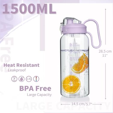 DEARRAY Скляна пляшка для води 1,5 л з соломинкою та часовою міткою, мотиваційна, без BPA, герметична, із силіконовим чохлом, прозора (світло-фіолетова)