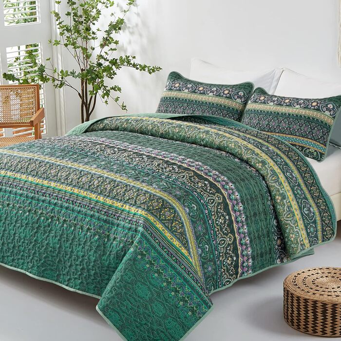 Покривало WONGS BEDDING 220x240 см, стьобане, комплект 3 шт. для двоспального ліжка, мікрофібра, у стилі бохо, темно-зелене, з 2 наволочками 50x70 см, для спальні чи дивану
