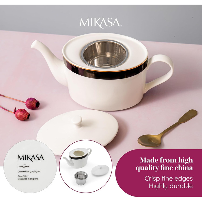 Чайник Mikasa Luxe Deco порцеляновий, 1.1 л, з фільтром, арт-деко, золото, для 4 чашок, підходить для посудомийки