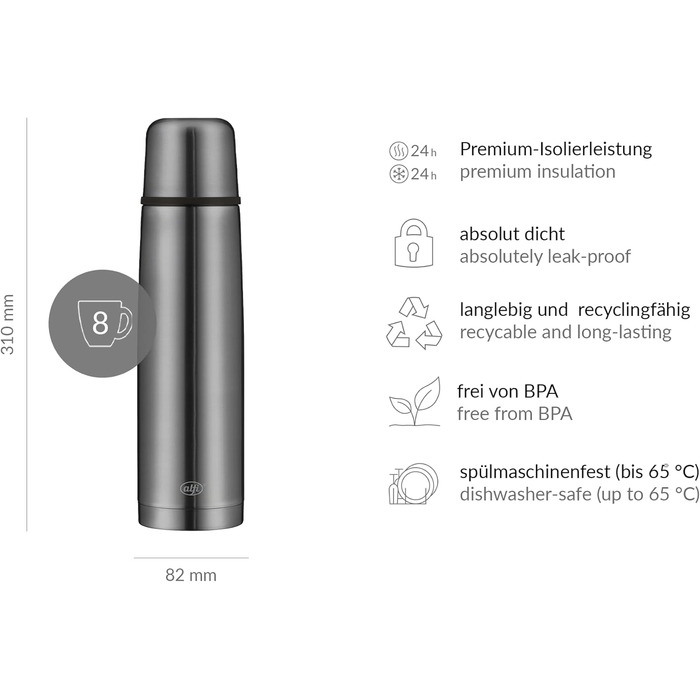 Термос alfi ISOTHERM PERFECT AV 1,0 л, нержавіюча сталь, автоматична кришка, герметичний, із термочашкою, матовий сірий, зберігає тепло 12 годин, не залишає відбитків, BPA-free