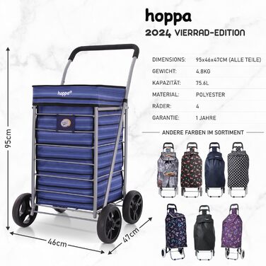 Суперлегкий 4-колісний преміум візок для покупок Hoppa 2024, складаний, 64 л, з сумкою, 95 см, 4,8 кг, для сходів, синя смужка