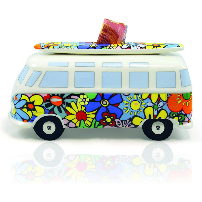 Скарбничка BRISA VW у формі свині з серфбордом, дизайн автобуса Volkswagen T1 Samba, Flower Power, кольорова