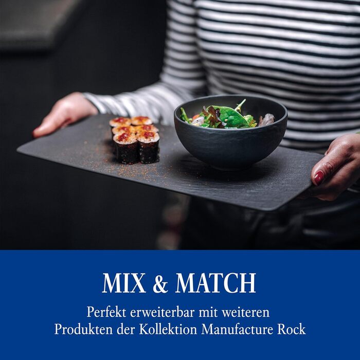 Villeroy & Boch Manufacture Rock Прямокутна багатофункціональна тарілка, чорна, сервірована, шефірний дизайн, преміум порцеляна, підходить для мікрохвильової печі та посудомийної машини