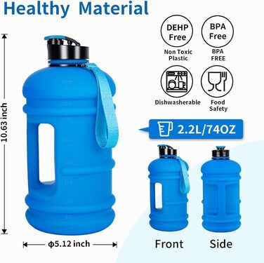 Спортивна пляшка для води TOOFEEL 2 л, BPA Free, з мірною шкалою, багаторазова, для тренувань, матова темно-синя, 1893 мл