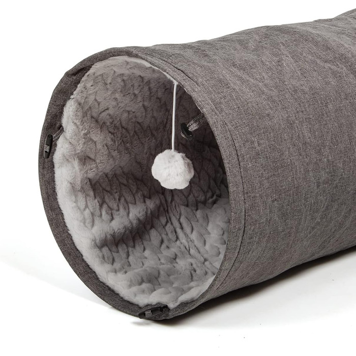 Ігровий тунель для котів CanadianCat XXL, плюшевий, сірий, 35x150 см, з іграшкою