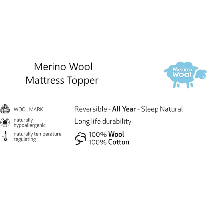 Наматрацник з овечої вовни Merino Wende, 100% меринос, WOOLMARK, 90x200 см