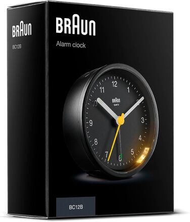 Будильник Braun BC12B, класичний аналоговий, кварцовий механізм, підсвітка, функція повтору, тихий хід, чорний