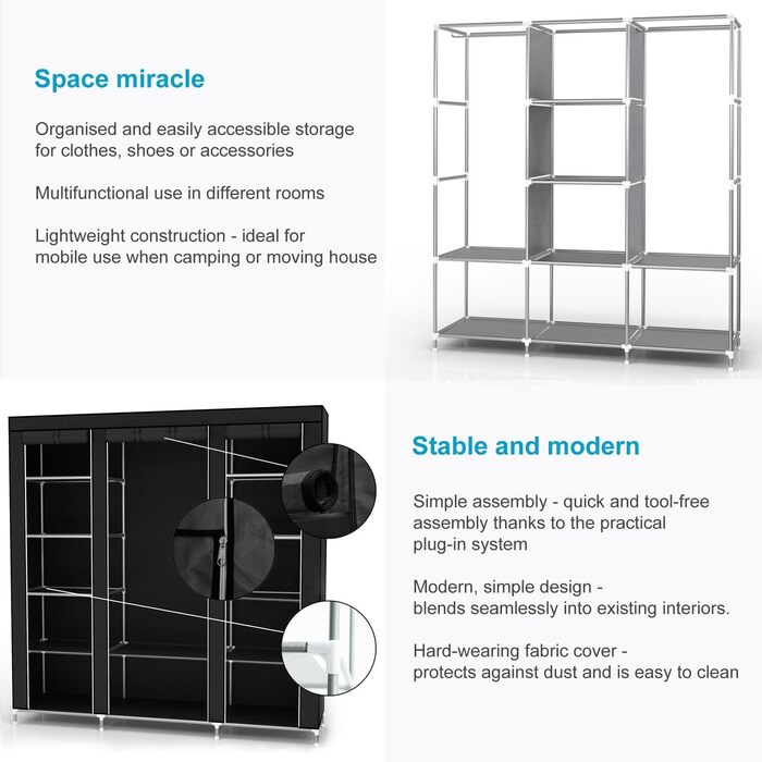 Тканинна шафа INTIRILIFE 150x175x45 см, чорна, з блискавкою, полицями, вішалкою і бічною кишенею – складана шафа для одягу, кемпінгу, гардеробу